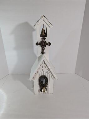 White Decorative Church Wall Accent with Bronze Cross and Bell
